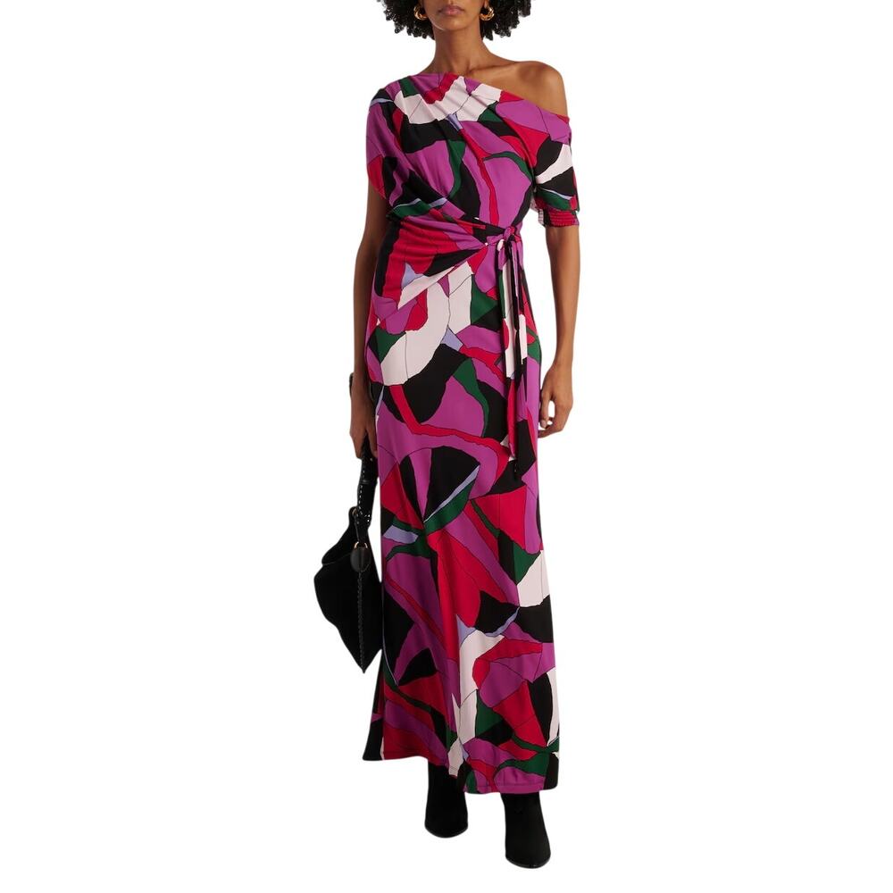 Diane von Furstenberg Eliana Printed Faux Wrap One Shoulder Maxi Length Dress